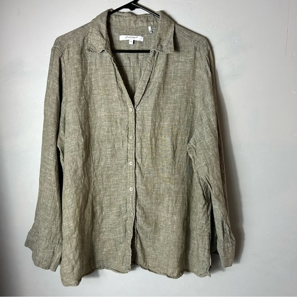 Foxcroft Oatmeal Lagenlook 100% Linen Long Sleeve Button Down Top - Picture 9 of 9